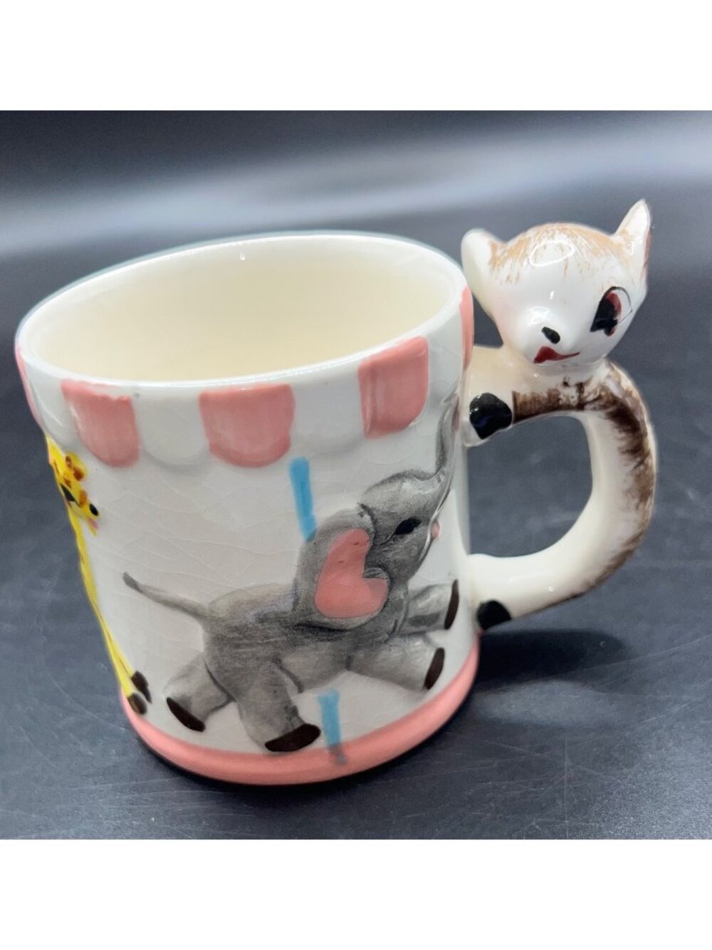 Vintage HandPainted Ceramic Mug Cat Handle Circus Animal "All Gone"Japan kitschy